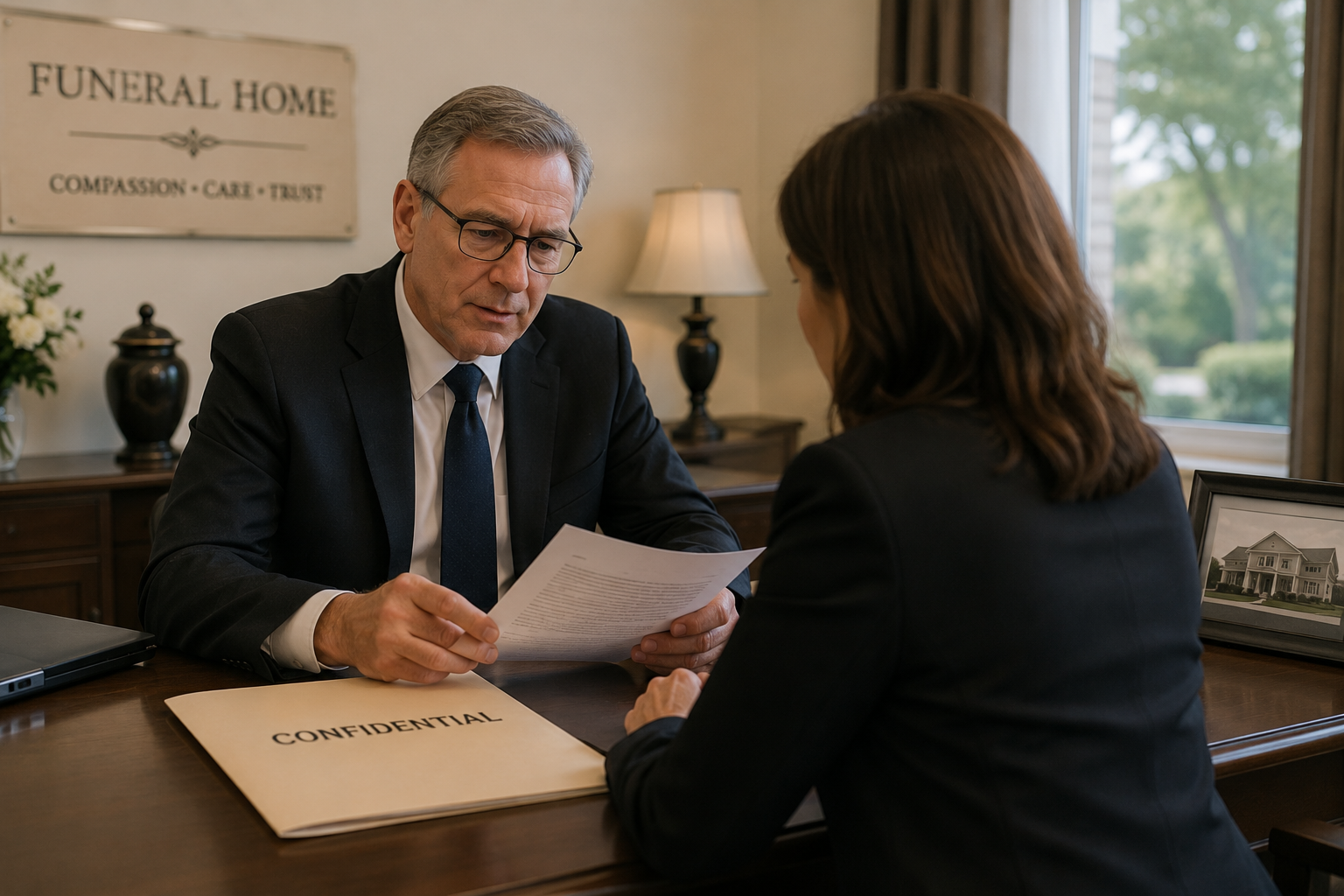 Funeral home owner and advisor reviewing confidential sale documents during a private business transition meeting in a professional office.