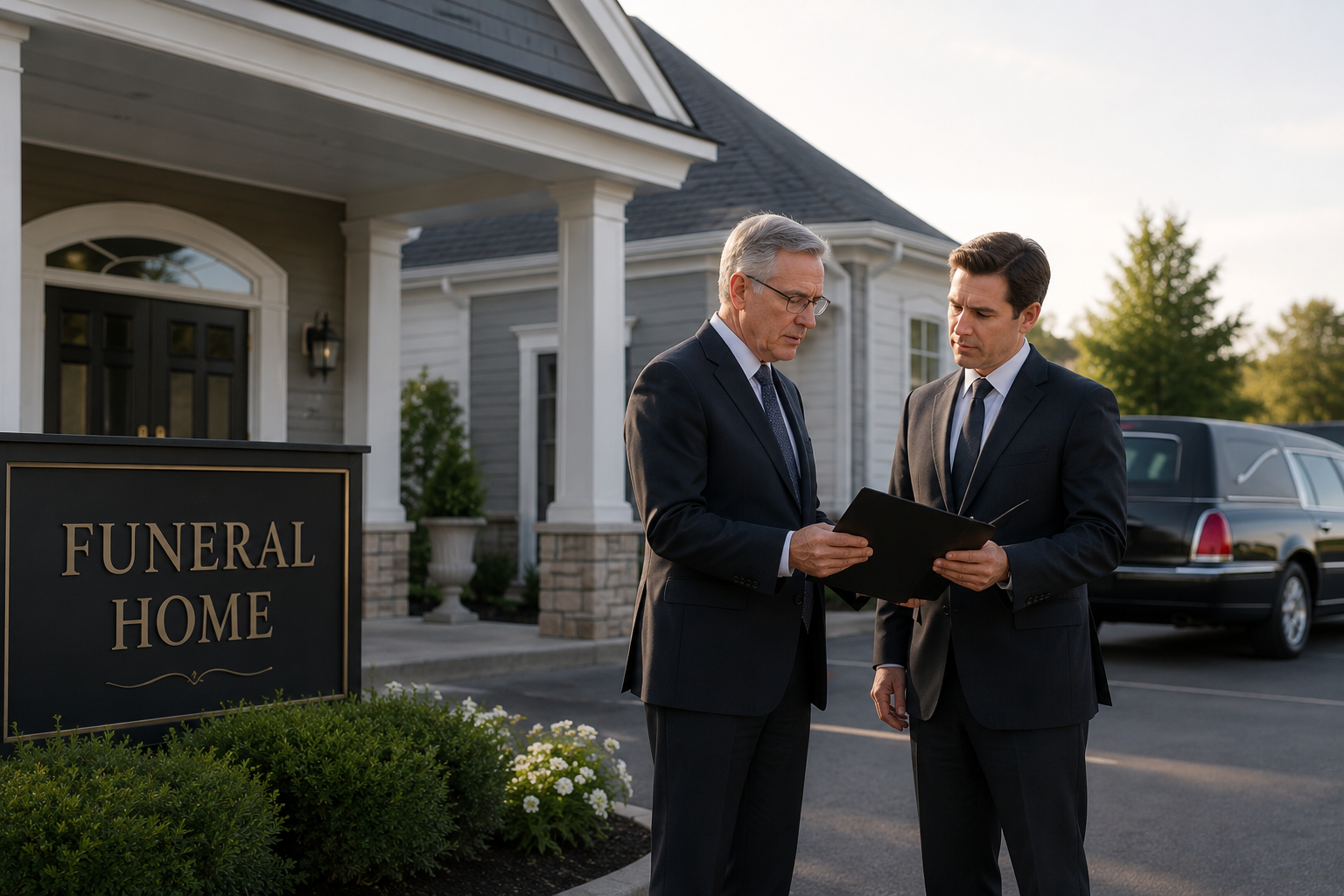 Confidential funeral home sale discussion between two funeral industry professionals outside a modern funeral home, reviewing documents near the facility entrance.